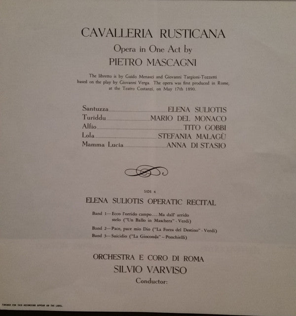 Mascagni*, Suliotis*, Del Monaco*, Gobbi*, Orchestra* E Coro Di Roma, Varviso* - Cavalleria Rusticana / Elena Suliotis Operatic Recital - LP