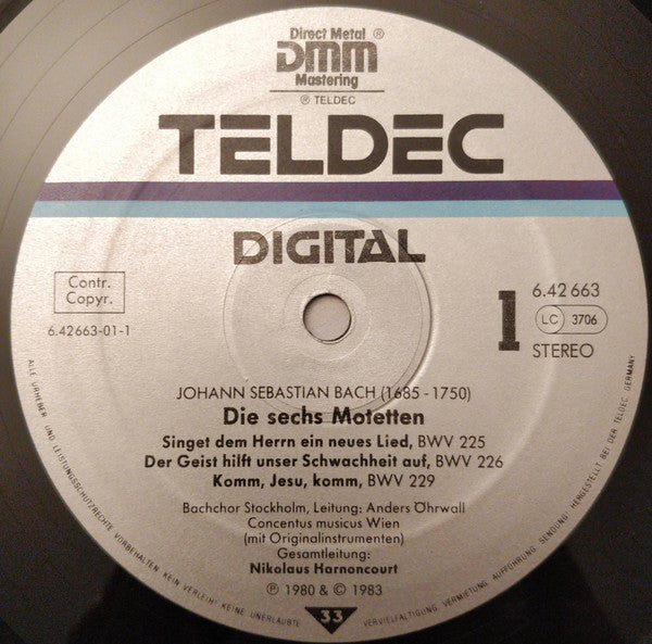 Johann Sebastian Bach, Stockholm Bach Choir, Concentus Musicus Wien, Nikolaus Harnoncourt - Die 6 Motetten BWV 225-230 = The 6 Motets = Les 6 Motets - LP