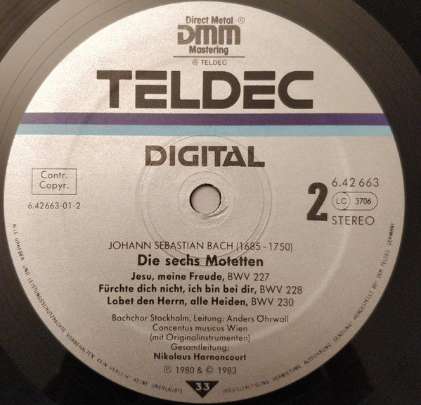 Johann Sebastian Bach, Stockholm Bach Choir, Concentus Musicus Wien, Nikolaus Harnoncourt - Die 6 Motetten BWV 225-230 = The 6 Motets = Les 6 Motets - LP