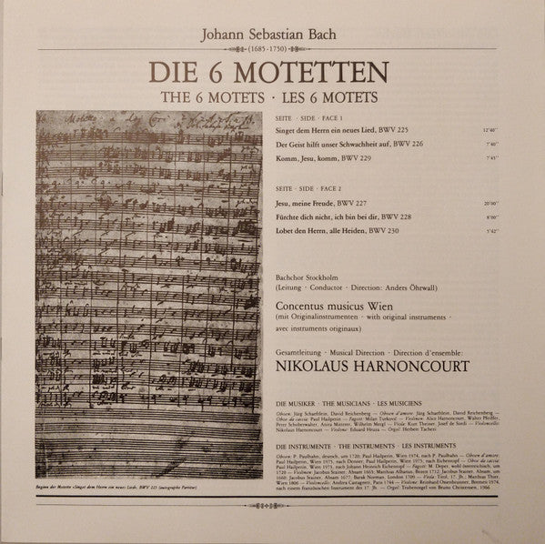 Johann Sebastian Bach, Bachchor Stockholm*, Concentus Musicus Wien, Nikolaus Harnoncourt - Die 6 Motetten BWV 225-230 = The 6 Motets = Les 6 Motets - LP