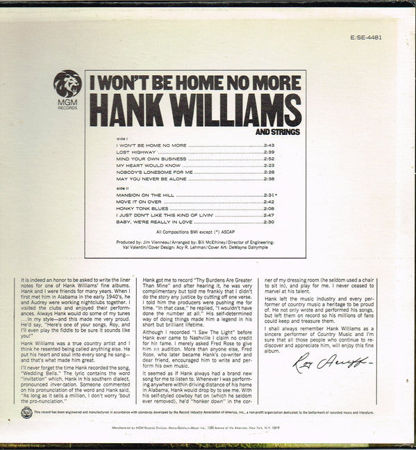 Hank Williams - I Won't Be Home No More - LP